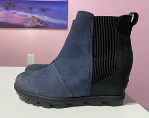 Sorel Ankle Bootie 7.5 Navy Blue Black Lea Wedge Joan of Arctic Chelsea Leather - Picture 1 of 9