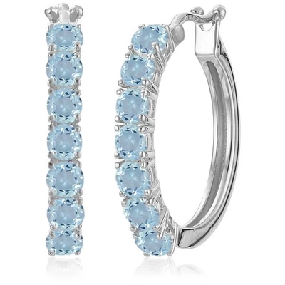 925 Sterling Silver Women Hoop Earring Natural Sky Blue Topaz 3mm Round - Image 1 of 2