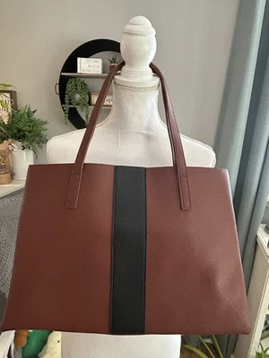 Vince Camuto Vegan Leather Pebbled Tote Bag Brown w/ Black Stripe - Image 1 of 4
