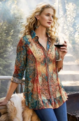 Soft Surroundings Oversized Sheer Tunic Blouse Size S Button‑Up Lagenlook Boho - Image 1 of 4