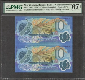 New Zealand 10 Dollars Uncut Sheet 2x1 P-190b1 2000 PMG 67 EPQ TOP POP - Picture 1 of 3