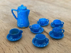 Dollhouse blue spatterware Vintage coffee pot teacup set Vintage Metal Miniature - Picture 1 of 6