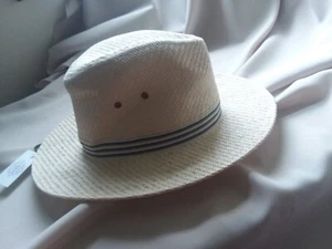  Straw Fedora/panama Style Hat SZ Small/Medium Blue pinstripe band Tan hat 22in  - Picture 1 of 8