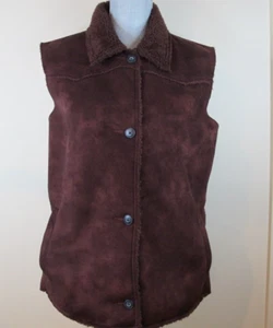 Woolrich Women's Large Faux Suede Sherpa Lined Button Front Vest in Cabernet - Picture 1 of 9