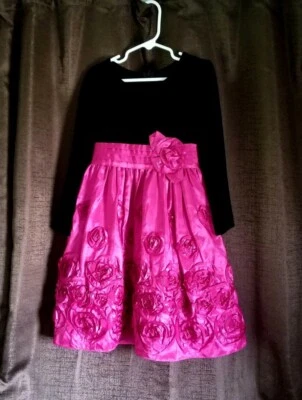 Vestido de Invierno Jessica Ann Niña Tafetán Roseta Fucsia, Terciopelo Negro, Talla 5 Foto 1 de 4