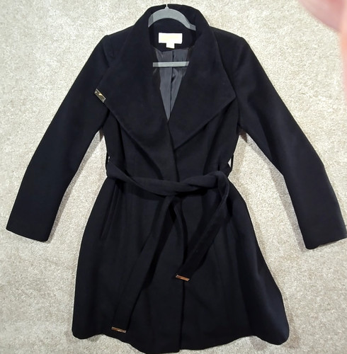 MICHAEL Kors trench da passeggio misto lana asimmetrico con cintura foderato nero taglia S