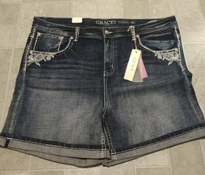 Pantaloncini jeans Grace In LA punto spesso elasticizzati donna scuri taglia 22 nuovi con etichetta - Foto 1 di 5