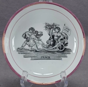 British Bat Print Napoleon Defeat at Waterloo Peace Pink Luster Saucer C. 1815 - Picture 1 of 10