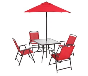 Patio Dining Set Outdoor 6-PC Table Folding Chairs Umbrella Red Garden Furniture - Picture 1 of 6
