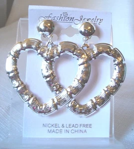 CLIP-ON EARRINGS BAMBOO HEART EARRINGS SILVER TONE 2.5 INCH LONG LIGHTWEIGHT - Picture 1 of 2