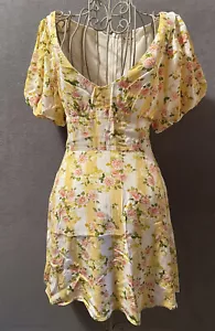 For Love & Lemons Yellow Floral Print V Neck Balloon Sleeves Mini Dress Size XS - Picture 1 of 18