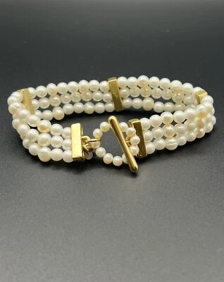 "BRAZALETE LLAMATIVO TONO ORO PERLAS TRES HILOS MARCA AFORTUNADO 7,75""" Foto 1 de 4