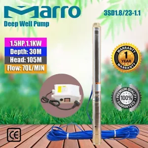 Marro 3" Stainless Steel Submersible Bore Pump Deep Well Upto 105m Head,70l/min - Picture 1 of 8