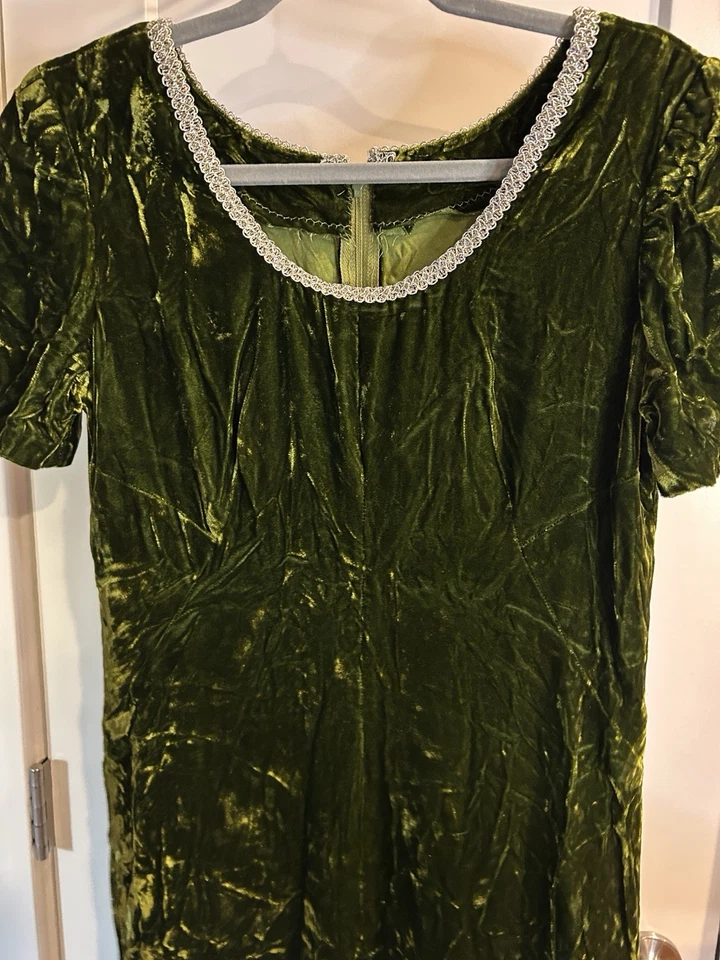 Vestido Vintage Terciopelo Verde Con Cuello Acento Hecho a Mano Mosscore Whimsygoth Talla M Foto 1 de 4
