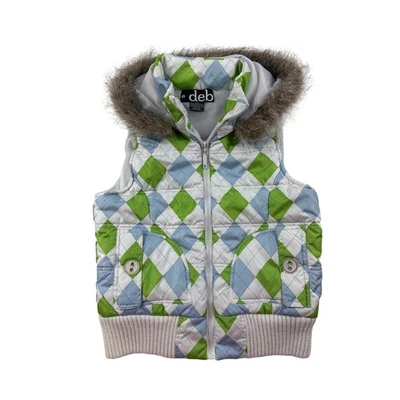 VIntage Y2k Deb Shop Puffer Vest Fur Hood Coat Diamond Print Womens Large - Image 1 of 4