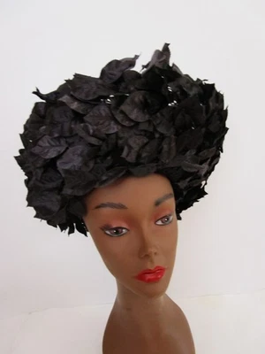 Jack McConnell TALL Breton Hat Vintage Black Parasisal Straw Silk Leaves Church - Image 1 of 4