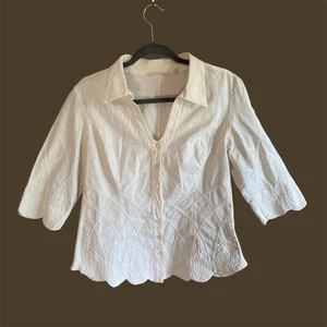 Soft Surroundings Women Blouse M Off White Embroidered Scalloped Hemline Boho - Picture 1 of 12