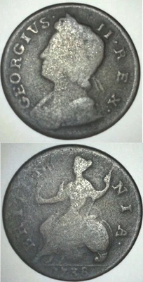 BRITAIN 1738 Half Penny George II American Colonial Era British 1/2 d Coin M01 - Image 1 of 4