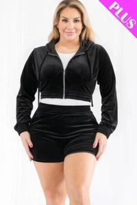 Plus Size Velour Crop Zip Up Hoodie And Shorts Set - Picture 1 of 5