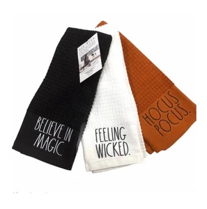 Rae Dunn-Kitchen Towels HOCUS POCUS, BELIEVE IN MAGIC, WICKED HALLOWEEN Set of 3 - Picture 1 of 6