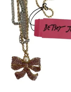 Betsey Johnson Gold Tone Enamel Pink Bow Multi Strand Necklace - Picture 1 of 4