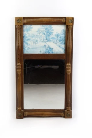 Vintage Small Federal Style Split Column Mirror Wood Carved With Print Cover