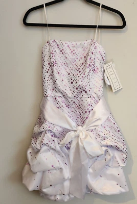 FIESTA small WHITE FORMAL SHORT PARTY DRESS Sparkly purple polka Dots D9 Prom - Image 1 of 4