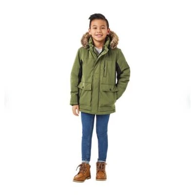 Member's Mark Parka Kids M Green Winter Coat with Faux Fur Hood Trim Jacket - Image 1 of 4