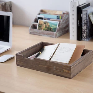 Distressed Finish Brown Vintage Wood Office Desktop Folder, Magazine Holder Tray - Picture 1 of 6