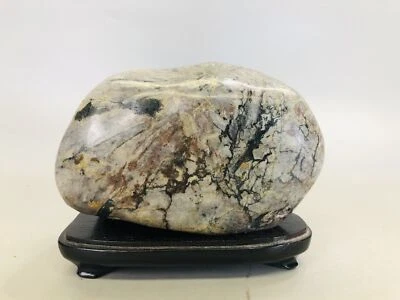 Y6064 OKIMONO Chrysanthemum stone wooden stand Japan antique interior home decor - Image 1 of 4