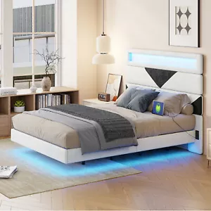 Schwebebett 140x190cm Polsterbett Doppelbett Bettgestell mit USB LED Lattenrost - Bild 1 von 12