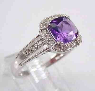 14k White Gold  Plated 3 Ct Cushion Cut Simulated Purple Amethyst Wedding Ring - Image 1 of 4