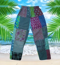 Patchwork Harem Pants with Pockets, Blue Hippie Boho Cotton Harem Pants, S/M/L