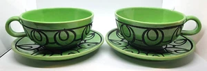 Juego de 2 tazas y platillos de cerámica artística verde latte sopa grande - DE COLECCIÓN - Imagen 1 de 16