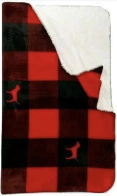 NOVO VICTORIA’S SECRET PINK Cobertor Sherpa Cachorro Flanela Vermelha Búfalo Xadrez Feriados - Imagem 1 de 4