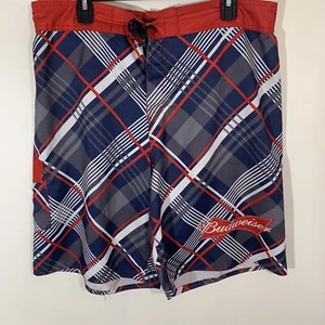 Men’s Budweiser Swim Shorts Size 38 Navy Blue Red Plaid Trunks - Picture 1 of 15