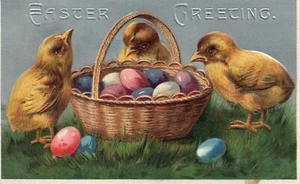 1909 Cute Chicks with Basket of Colorful Eggs Happy Easter Greeting Postcard - Picture 1 of 2
