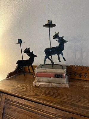 13in Rustic Metal Reindeer Candle Stick Holders (2) Black Gold Christmas Decor - Image 1 of 4