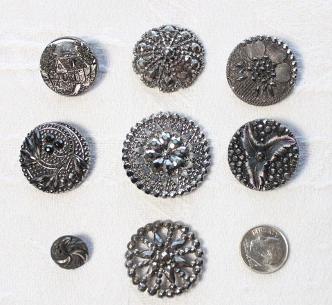 8 Antique Metal Pierced Steel Cuts Floral Cottage Scene Picture Buttons Cover
