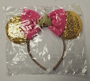 Disney Ears Headband Gold Sequins And Pink Bow W/ Castle - Picture 1 of 3