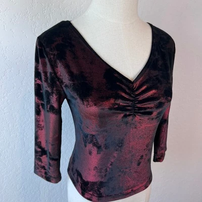 Vintage 90s Velvet V Neck Ruched Top size Small Red Black Whimsygoth Goth - Image 1 of 4