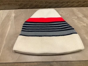 Vintage Wool Beanie Smiley Striped Ski Snowboard Winter 80s White Gray Red - Picture 1 of 8