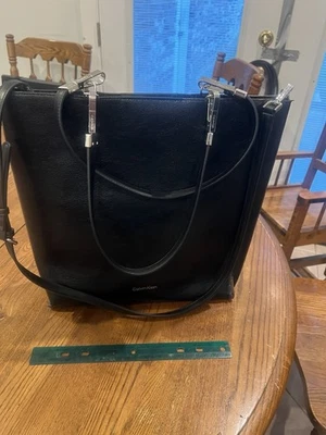 Calvin Klein Reyna North/South Tote Black Faux Leather Gold Embossed Logo NWOT - Image 1 of 4