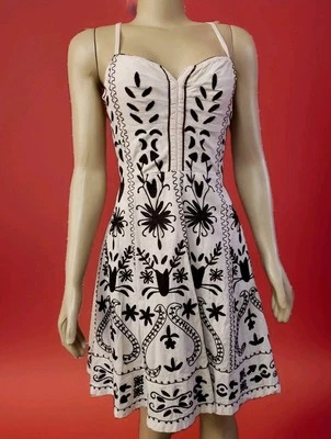 Vestido para mujer Mistress Shanghai mezcla de lino marrón crema bordado talla M #CB7 Foto 1 de 4