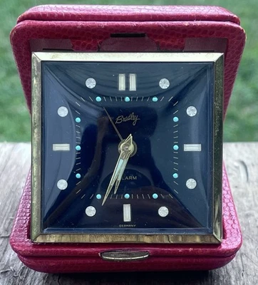 Vintage Bradley Folding Travel Alarm Clock Germany Red Leather Case Brass TESTED - Image 1 of 4