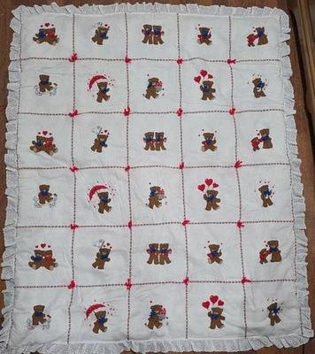 Manta de bebé Cranston Luv Bears corazones de peluche rojo/blanco/marrón/azul 49"x40" Foto 1 de 4