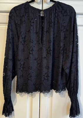 FREE PROPLE Long-Ruffle Sleeve BLACK Floral Lace Top Peasant Boho Sheer Blouse S - Image 1 of 4