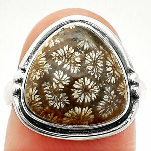 Natural Flower Fossil Coral 925 Sterling Silver Ring s.7 Jewelry R-1175
