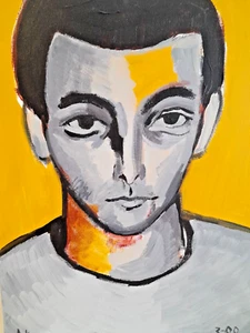 Gold & Gray portrait of Man. Acrylic on Canvas. 14x18. Original Modern Painting - Picture 1 of 8
