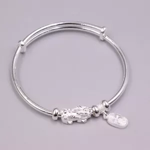 Fine Silver 999 Bangle Women's Dragon Pixiu Solid Closed Bracelet 2.36inchD - Picture 1 of 7